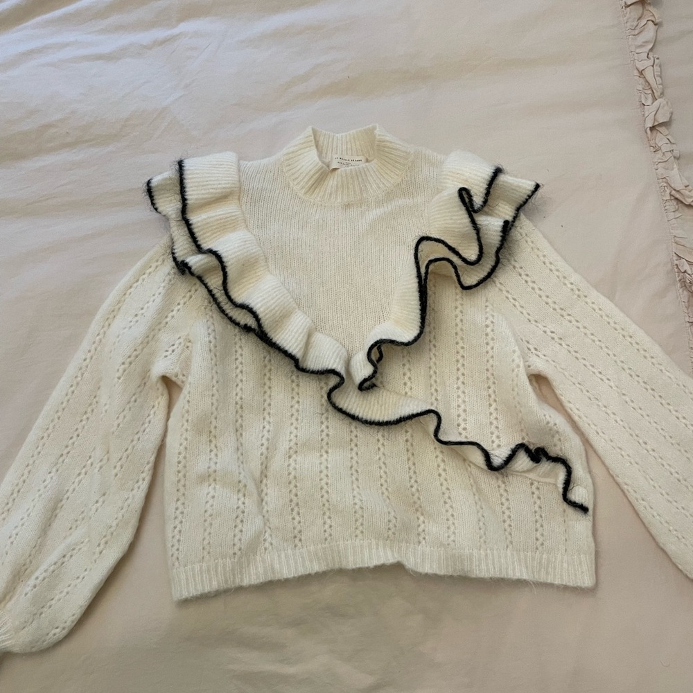 Sezane Cream Sweater with Black Ruffle Trim